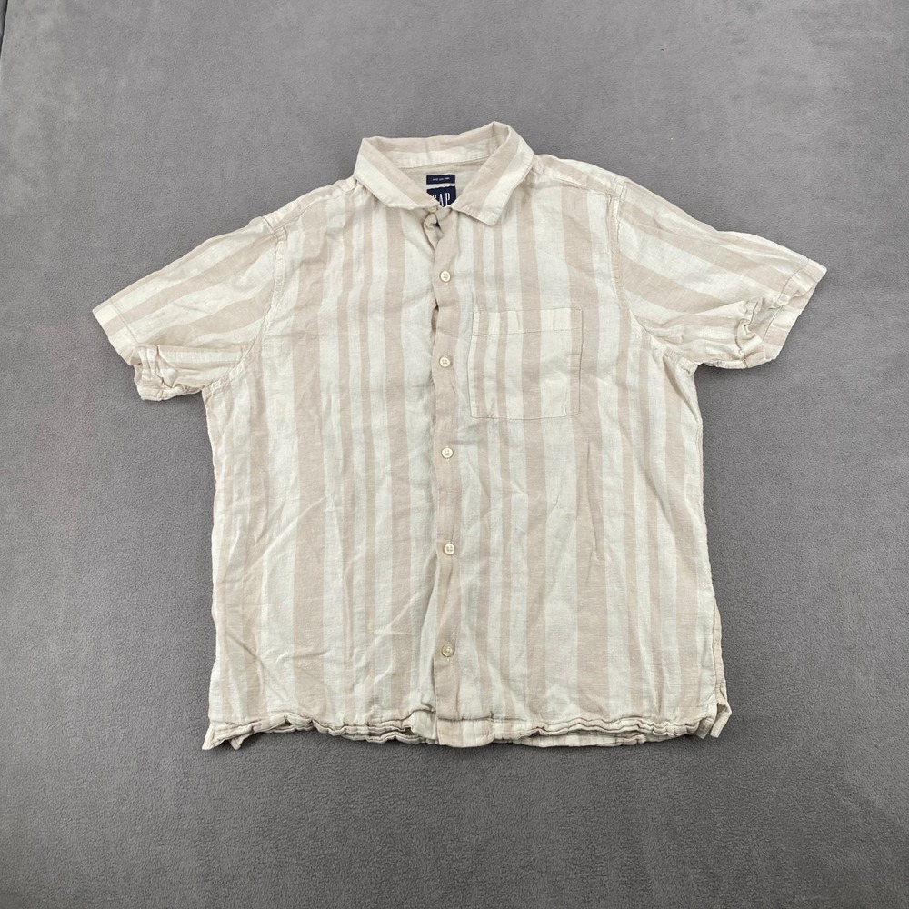 Gap Mens Medium Beige White Striped Linen Cotton Short Sleeve Button Up Shirt
